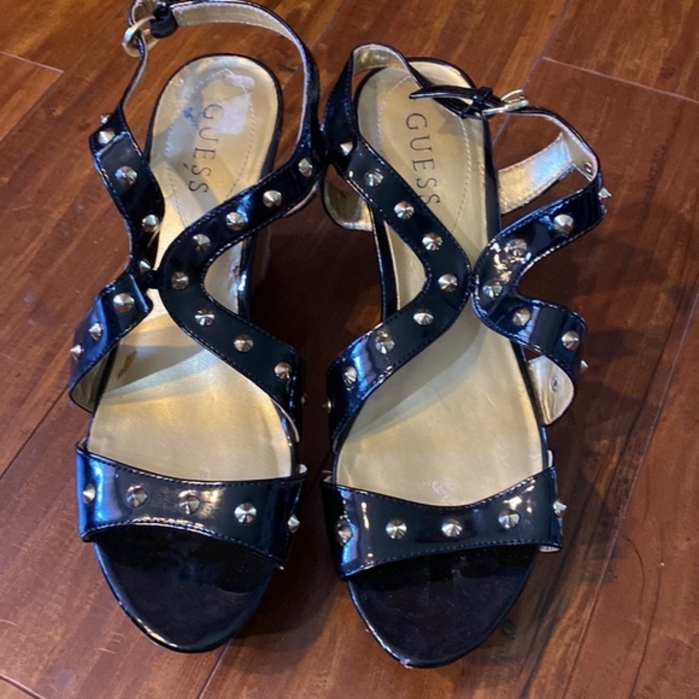 GUESS Black Studded Cork Wedge Sandals Size 8M Platform - Picture 4 of 9